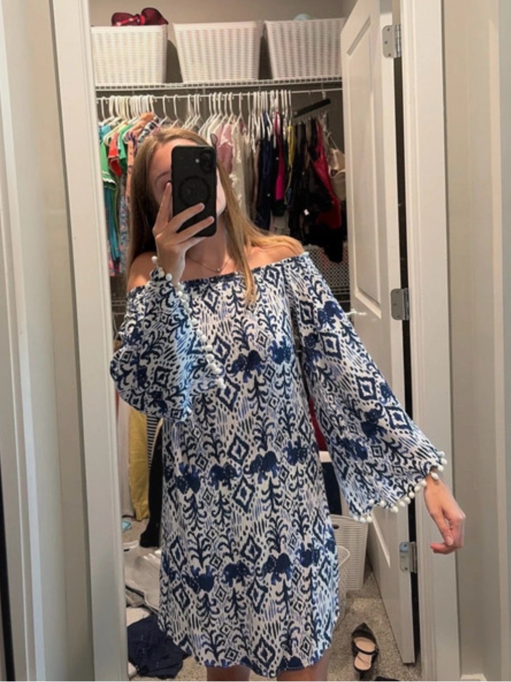 Lilly Pulitzer Off-Shoulder Blue & White Ikat Print Dress